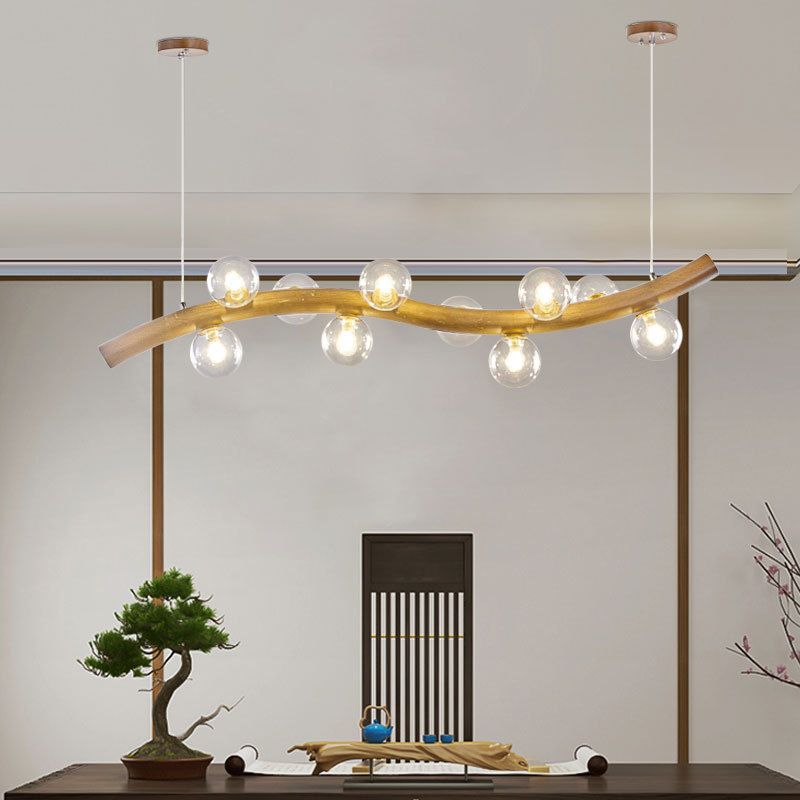 Wood and Glass Hanging Light Modern Island Light Fixture for Dining Room