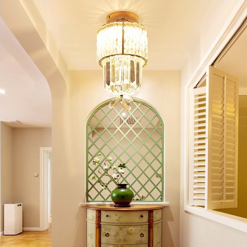 LED Hallway Ceiling Mounted Light Modern Gold Semi Flush Light Fixture with Cylinder K9 Crystal Shade