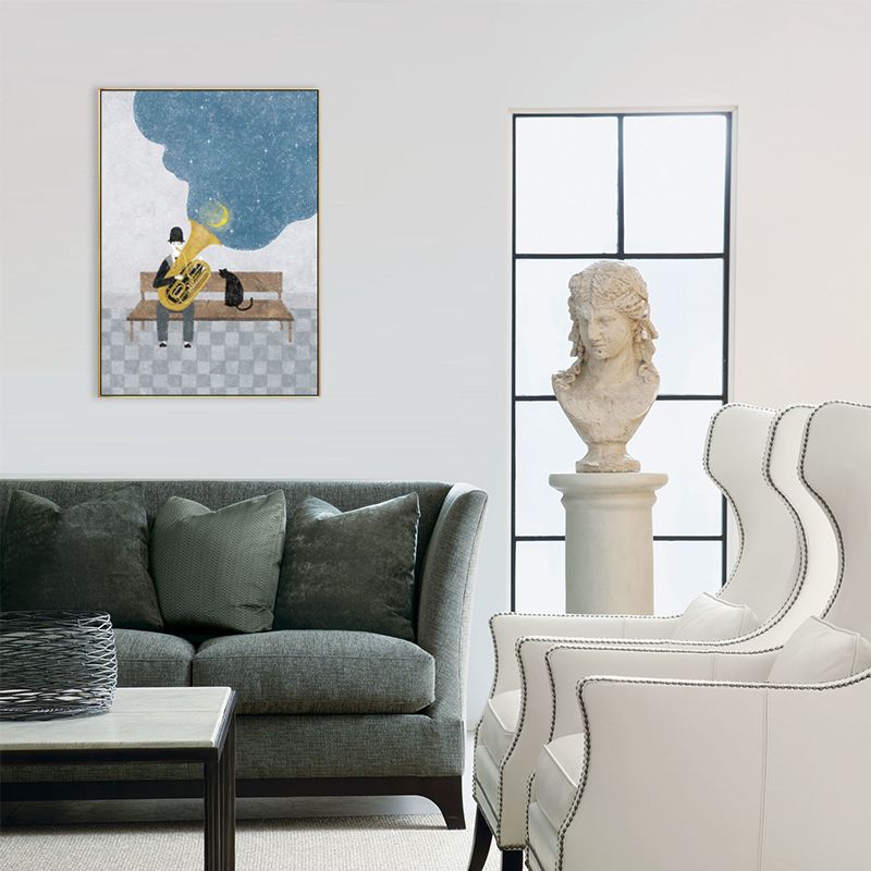 Childrens Art Musical Canvas Print Blue Gentleman Playing Trumpet with His Cat at Night Wall Decor