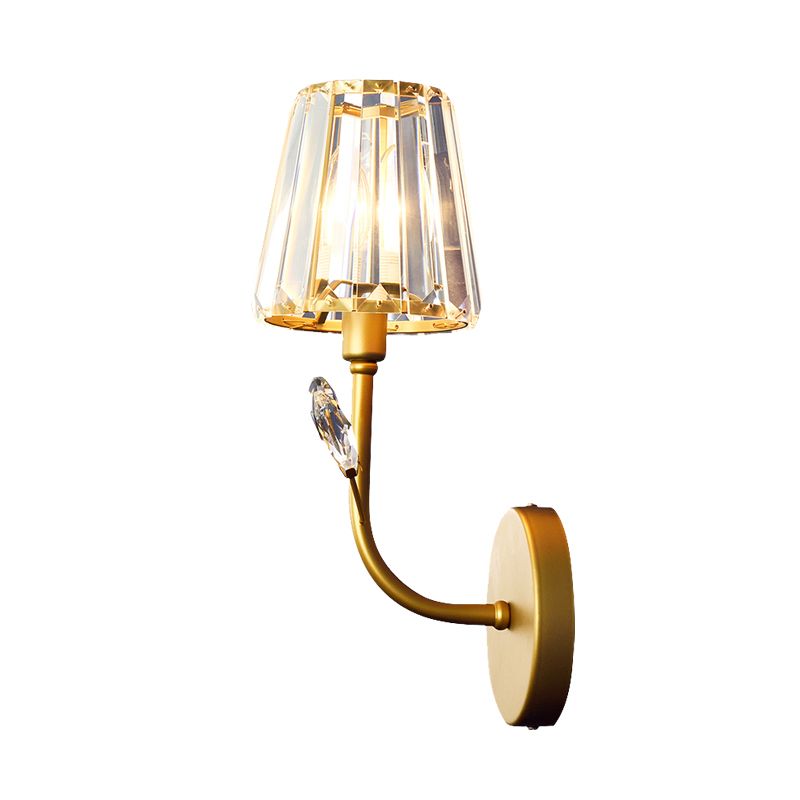 Brass Finish Tapered Wall Lighting Minimalist 1/2-Light Crystal Wall Sconce Lamp with Curved Arm