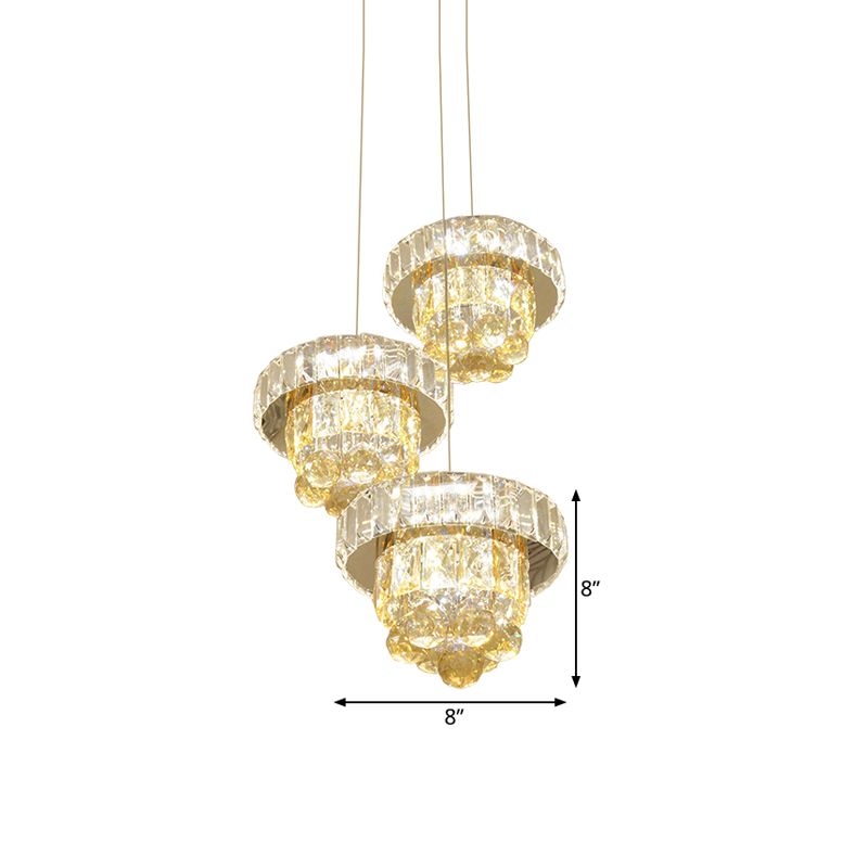 2-Layered Clear Faceted Crystal LED Multi Ceiling Light Modernism 3-Bulb Living Room Pendant Lamp