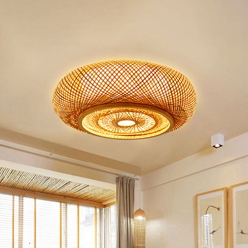 Lámpara de techo empotrada en tambor redondeada, accesorio de iluminación de bambú contemporáneo para dormitorio individual, montaje empotrado en madera