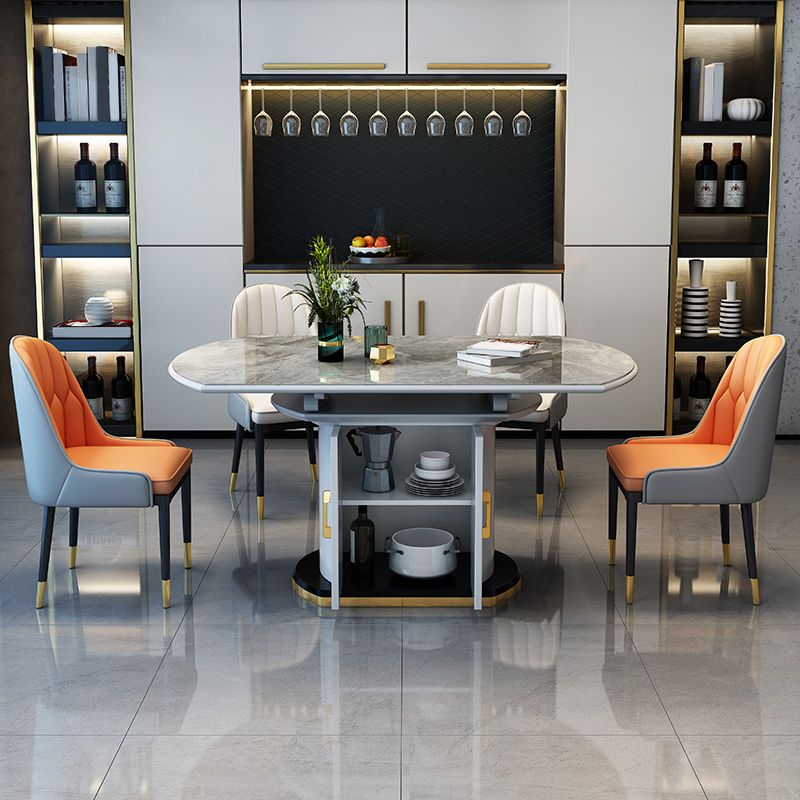 Modern Extendable Dining Table Grey Round Stone Tabletop with Storage