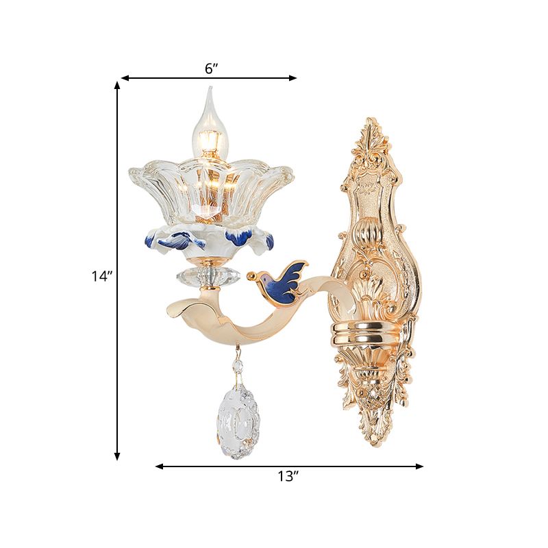 Lumo da parete a parete 1/2-testa Lampada da parete tradizionale soggiorno con tonalità di cristallo di fiori in ottone