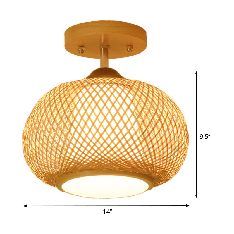 Pompoen Semi-Flush Mount Japanse bamboe 1-hoofd vlas dicht bij plafondverlichting, 14"/16" breed