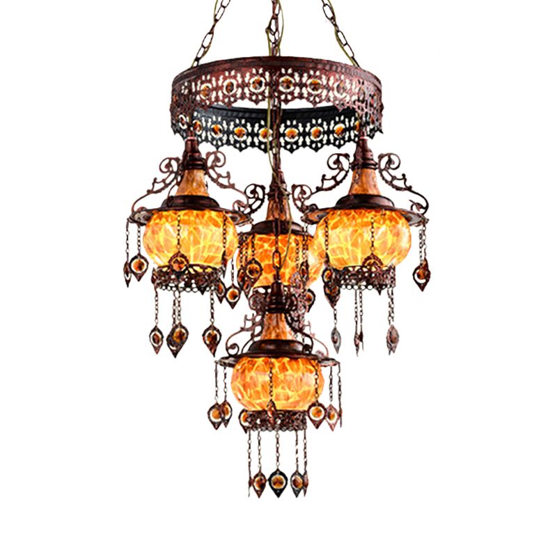 4 Heads Stained Glass Chandelier Bohemia Orange Lantern Living Room Pendant Lighting