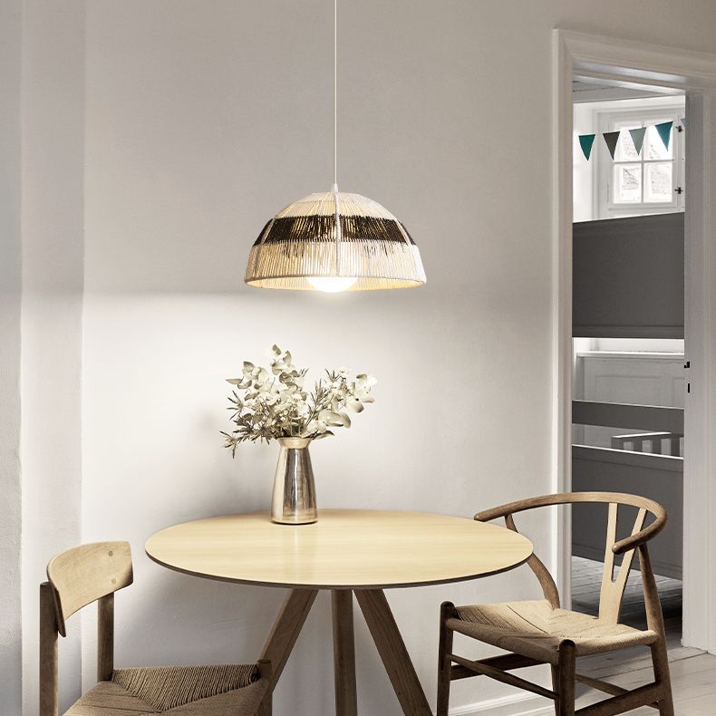 Single Light Dome Suspended Light Asian Style Rattan Decorative Lighting Fixture in Wood