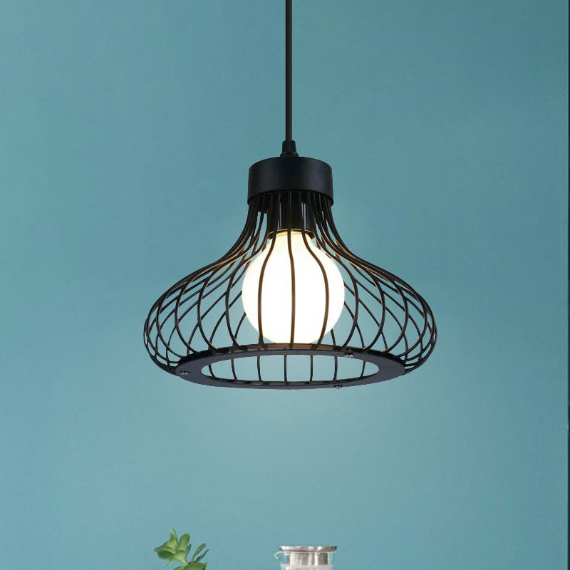 1 luz de techo de cebolla con luz con jaula de alambre iluminación colgante de metal negro retro para cocina