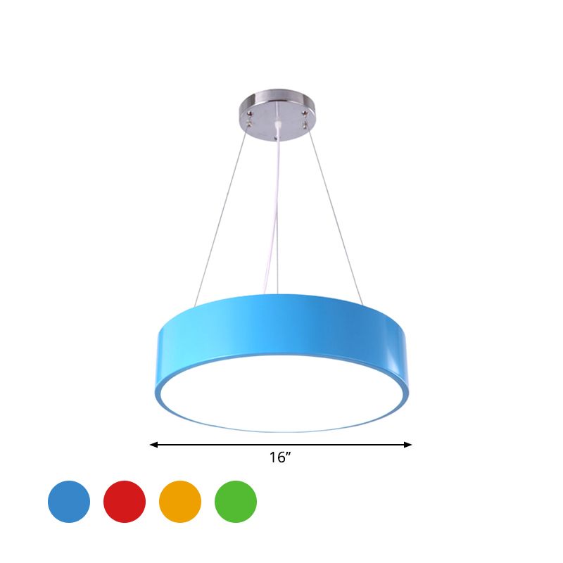 Macaron Drum Shaped Pendant Light Metal Nursery School LED Hanging Light Fixture in Red/Yellow/Green, 16"/19.5" Dia