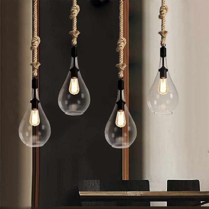 Clear Glass Urn/Trapezoid Pendant Lighting Industrial Style 1 Light Bedroom Hanging Light Fixture with Adjustable Rope