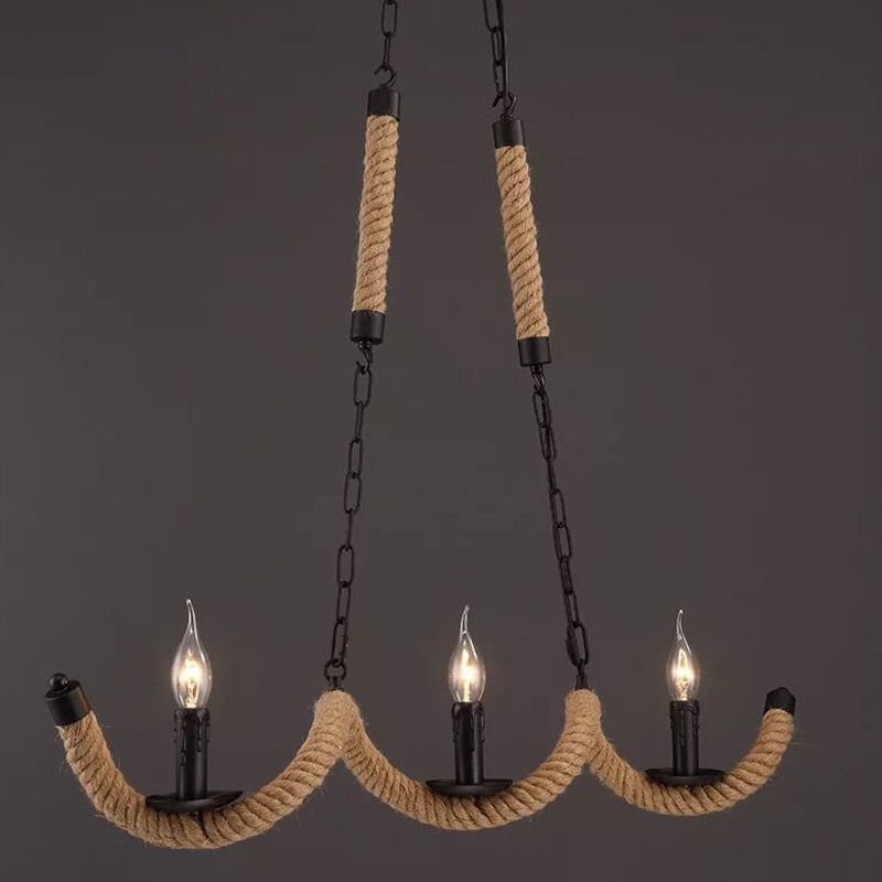 Rope Twisting Island Light Fixture Factory 3 Bulbs Restaurant Pendant Lighting with Candle Design in Black