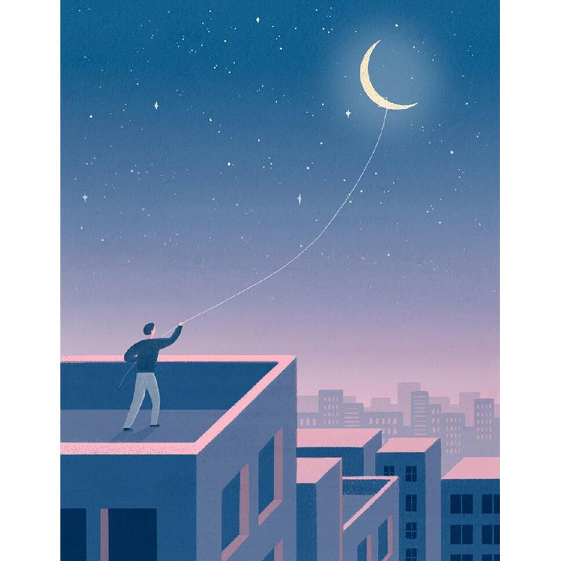 Moon and Cityscape Mural Wallpaper Blue Contemporary Wall Covering for Living Room