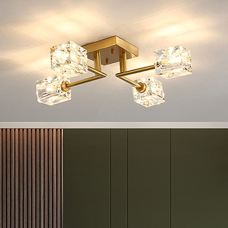 4/12/16 Heads Semi Flush Chandelier Postmodern Ice Cube Crystal Flush Mounted Light in Brass