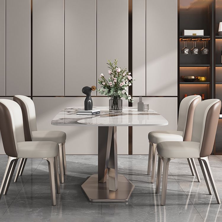 Mesa de comedor de piedra sinterizada de estilo contemporáneo con mesa fija blanca y base de caballete para uso en el hogar
