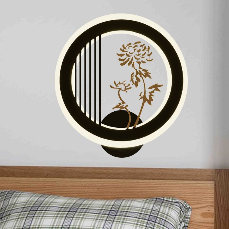 Chrysanths/Orchid Flower LED Mural Light Chinese Acrylic Living Room Hoop Wall Lighting Fixture in Black