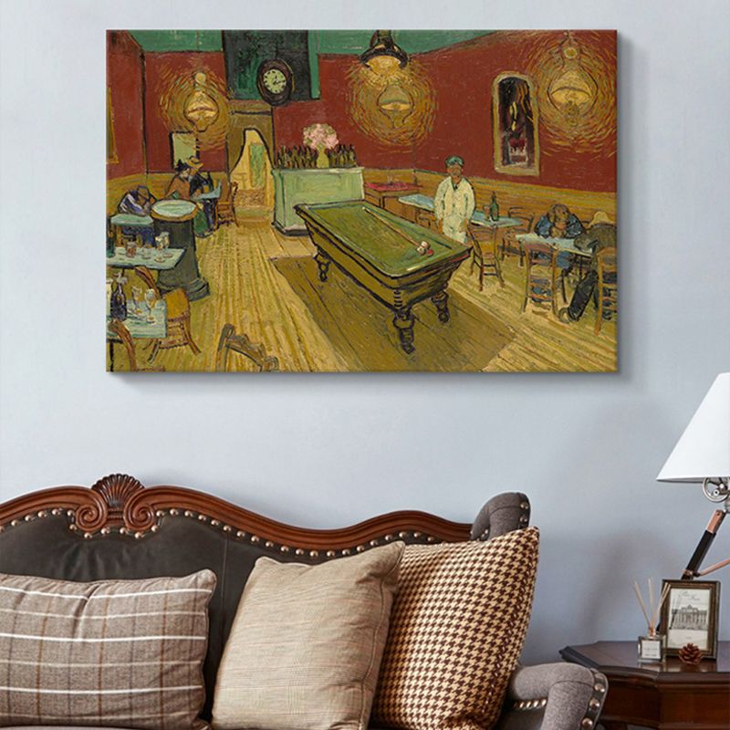 Night Cafe Interior Painting Canvas Print Country Style Textured Wall Art in Yellow