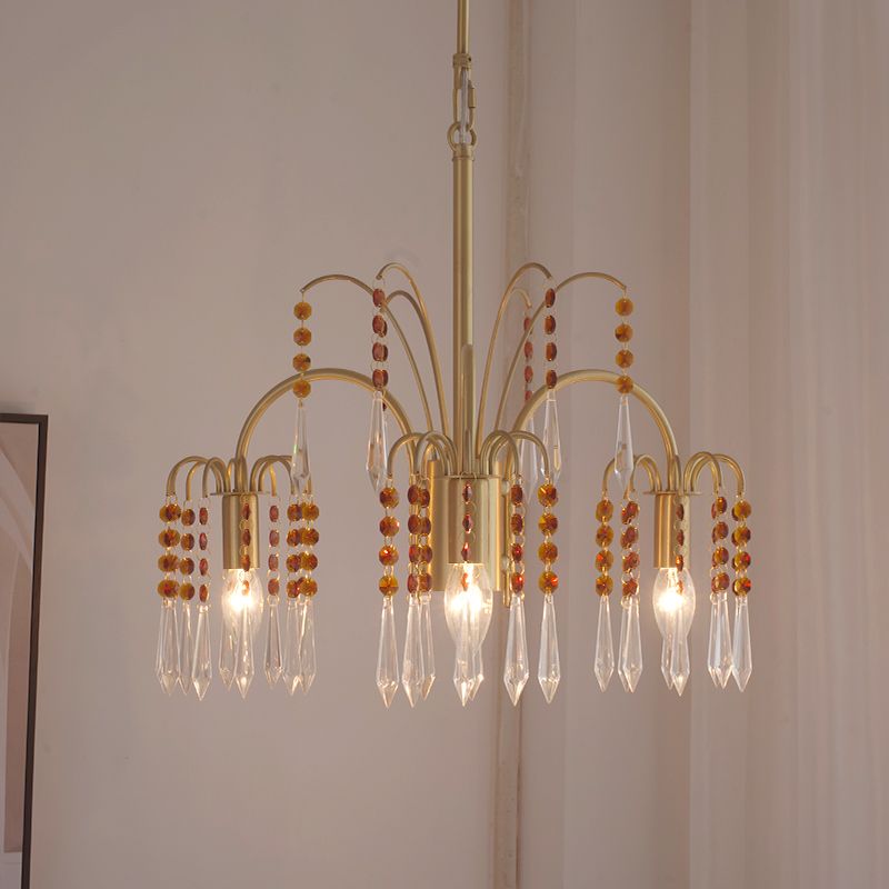 Country Style Branch Pendant Lamp Crystal Beading Chandelier in Brass for Cafe