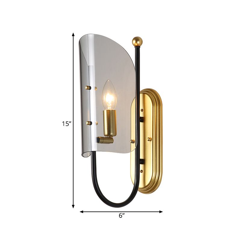 1-Licht-Hall-Wand-Lampe Mitte des Jahrhunderts Schwarz-Brass-Leuchtenbeleuchtung mit geschwungener rauchgrauer Glasschatten