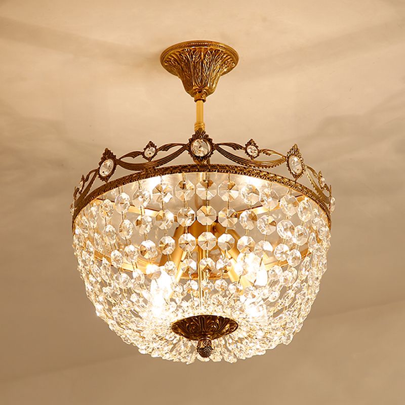 4 lumières Basket semi-flush plafonnier traditionnel en laiton Crystal Flush Mount lampe pour le passage