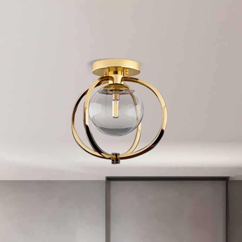 1 Bulb Bedroom Ceiling Light Fixture Modern Gold Metal Semi Flush Mount with Globe Clear Glass Shade