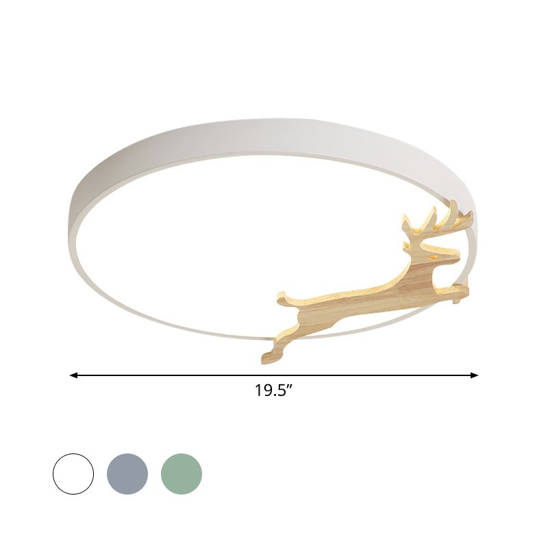 Lampada da soffitto rotonda in acrilico nordico grigio/bianco/verde con motivo cervo in corsa e lampada da soffitto a LED in legno
