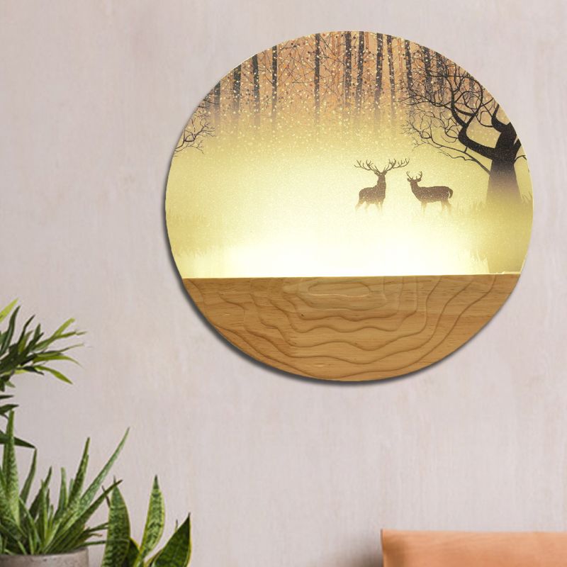 Acrylic Circular Shaped Wall Mounted Light Minimalist Style LED Wall Mural Lamp in Wood with Tree/Elk Pattern
