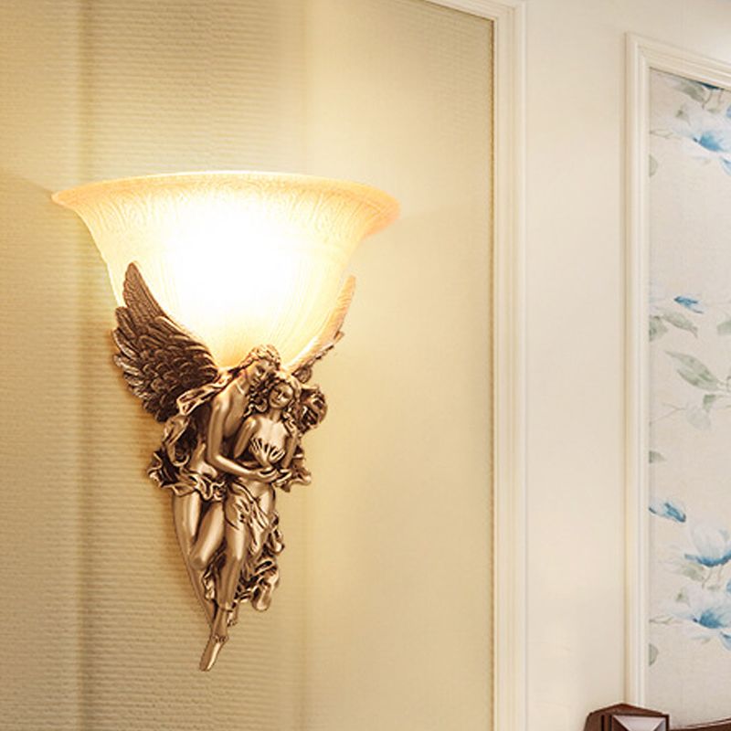 Single Head Sconce Light Farmhouse Bowl-Like Milky Glass Wall Mounted Lamp with Angle Decor in Gold