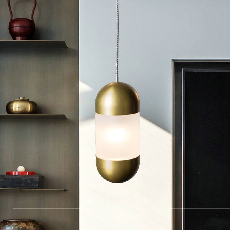 Modern 1 Bulb Pendant Lighting Brass Pill Hanging Ceiling Light with Frosted Glass Shade