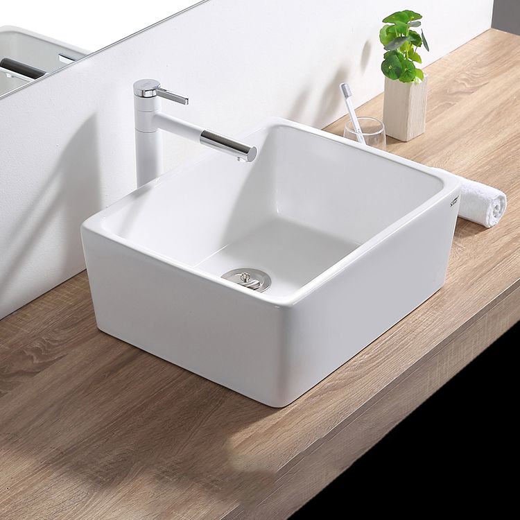 Contemporary Bathroom Sink Pop-Up Drain Porcelain Rectangular Vessel Lavatory Sink