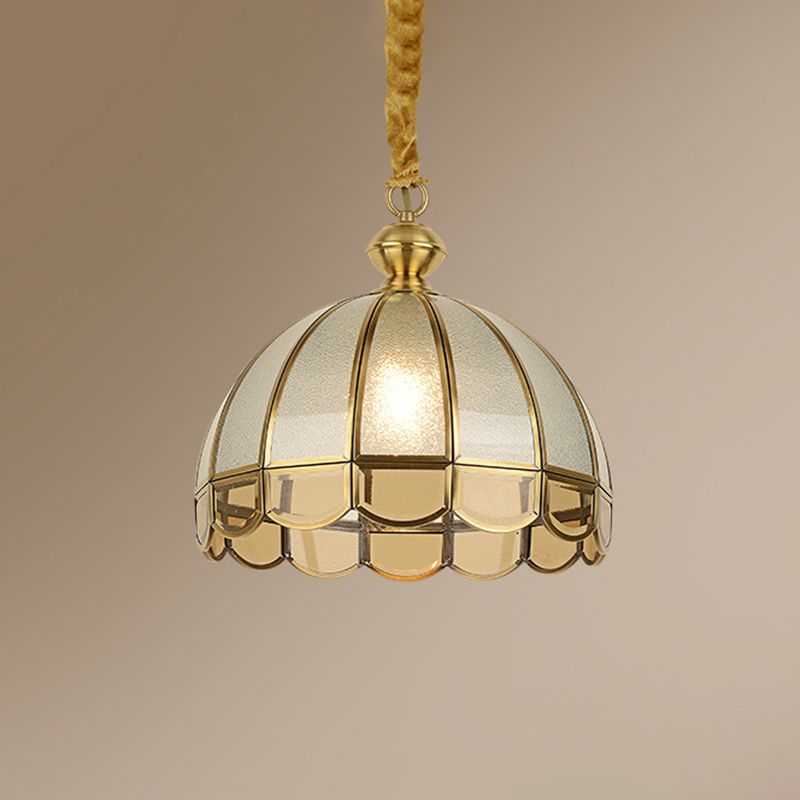 Dome Dining Room Pendule Light Antique Textured Verre 1 Head Gold Pendant Light avec bord festonné