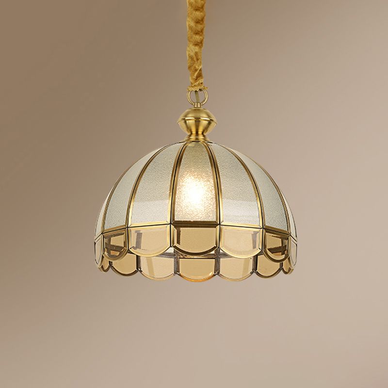 Dome Dining Room Pendulum Light Antique Textured Glass 1 Head Gold Pendant Light with Scalloped Edge