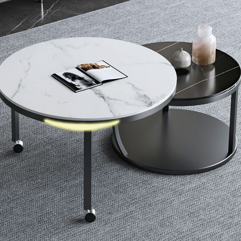 Contemporary Coffee Table Set Slate Round 2-Piece Coffee Cocktail Table