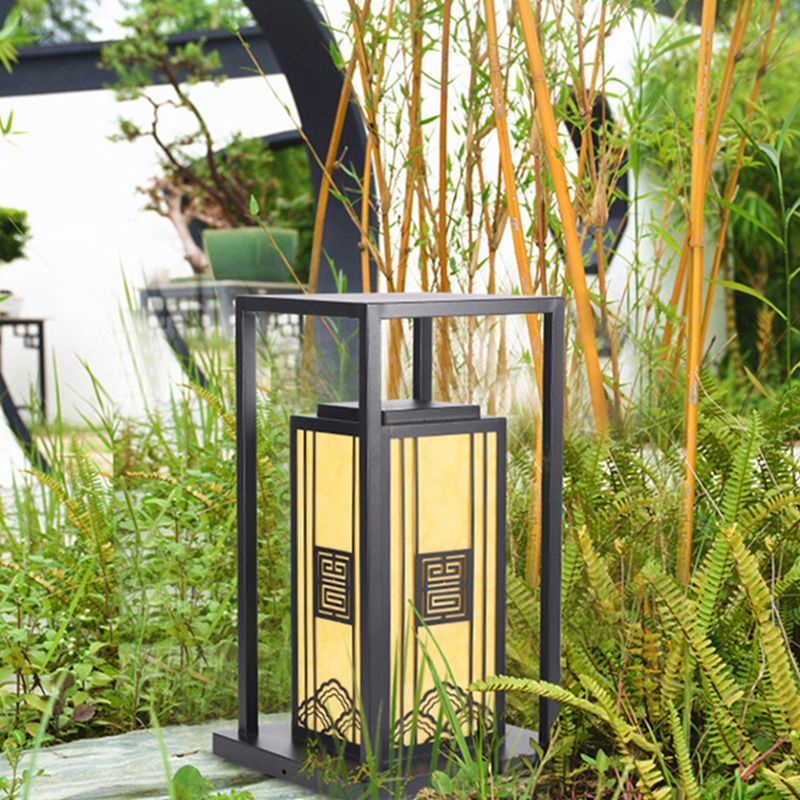 Contemporary Metal Pillar Lamp Rectangle Shape Outdoor Waterproof Light with Stone Shade