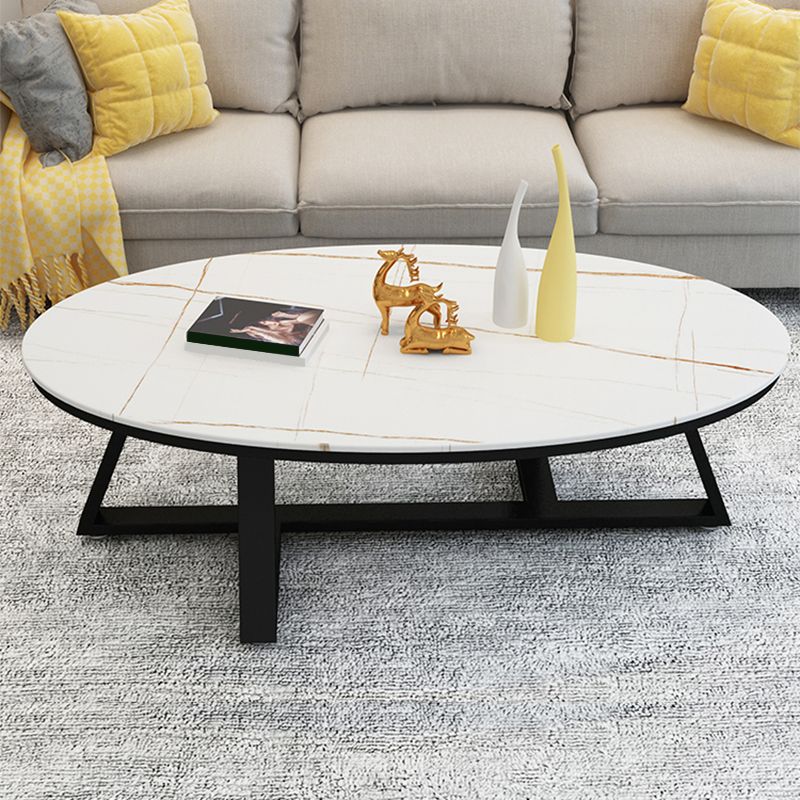 Glam Iron Cross Legs Cocktail Table Oval Slate Top Coffee Table