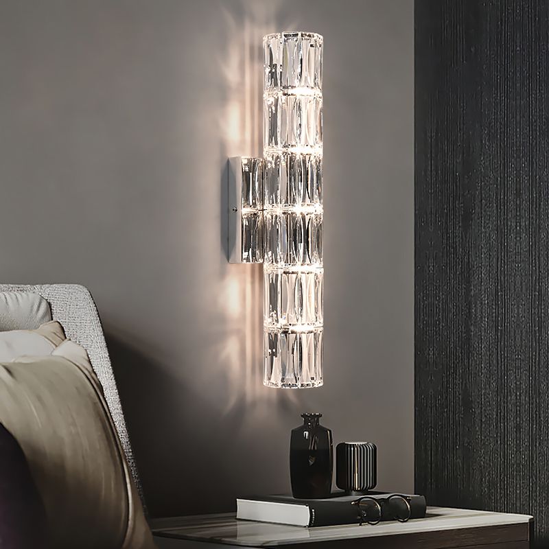 Postmodern Crystal Wall Light Cylinder Multi Light Wall Sconce in Chrome for Bedroom