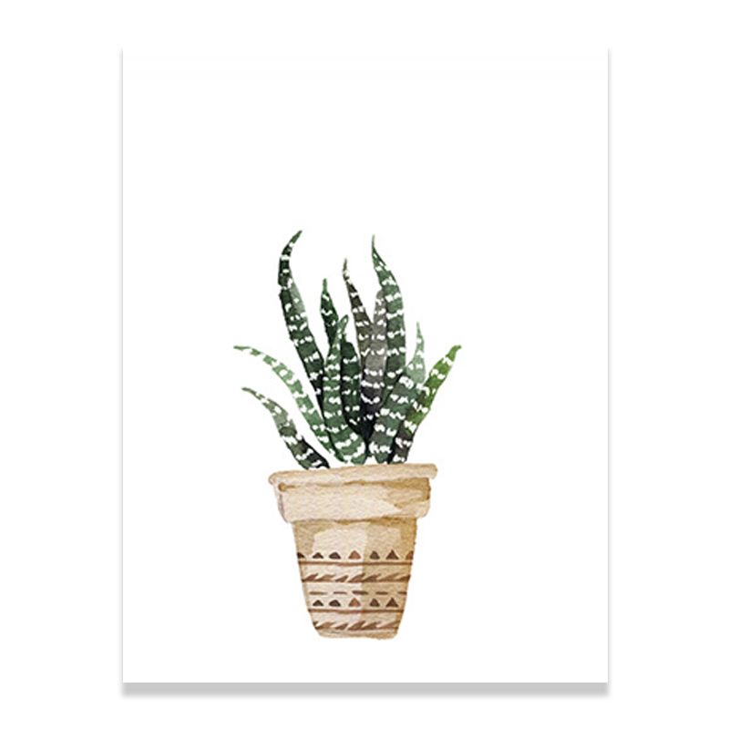 Rustic Aloe Vera Canvas Art Green Potted Plant Painting Wall Decor for Sitting Room