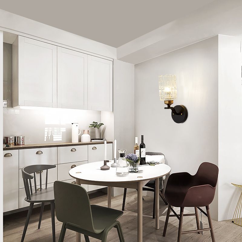 Duidelijke kristalcilinderwandlicht SCONCE HODEPORAIRE 1 LICHT SCONCE -lamp met metalen gebogen arm in zwart