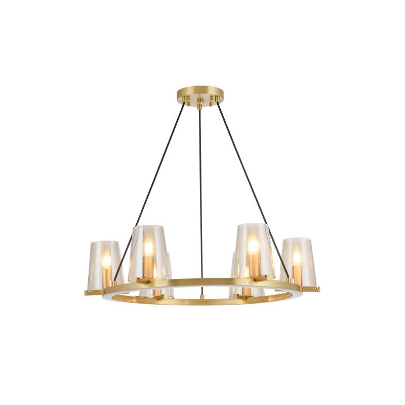 6/8-Bulb Cone Hanging Chandelier Colonialist Gold Clear Glass Pendant Lighting with Round Design