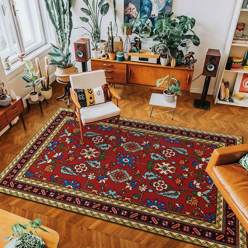 Red Tone Vintage Area Rug Polyester Ethnic Print Rug Non-Slip Backing Indoor Rug for Living Room