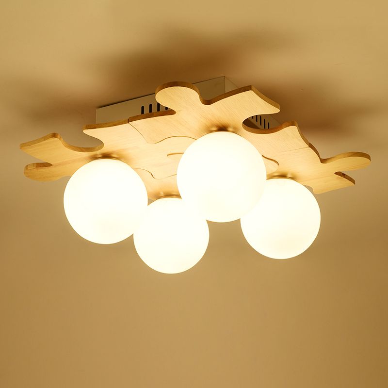Japanese Round Flush Mount Lighting White Glass 4 Bulbs Bedroom Flush Ceiling Light Fixture with Wooden Decor