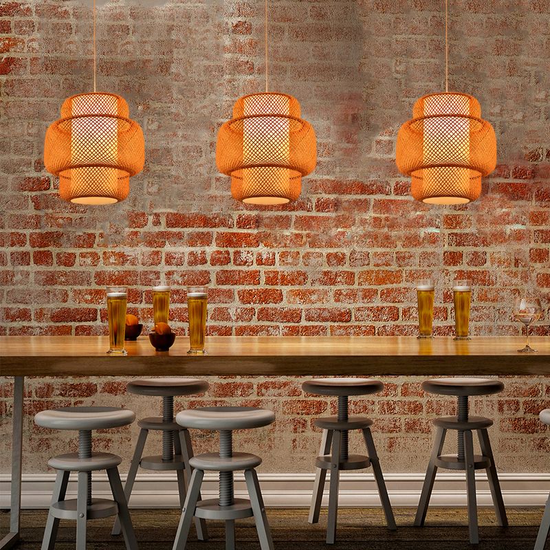 Lumière suspendue en forme de lanterne avec conception de croisement bambou asiatique 18 "/19,5" W 1 lampe suspension de salle à manger légère en lin