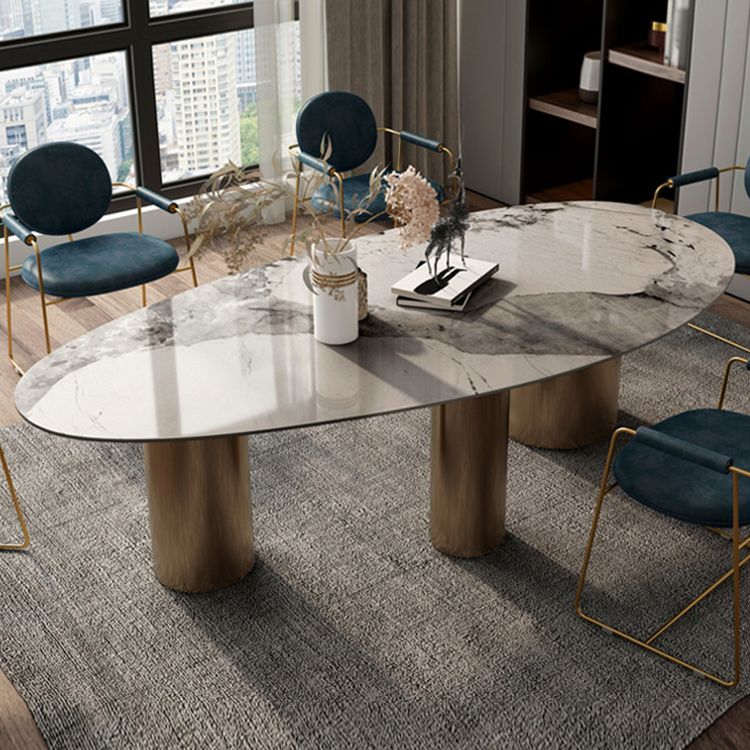 Traditional Luxury Oval Dining Room Table White Sintered Stone Table with 3 Gold Legs