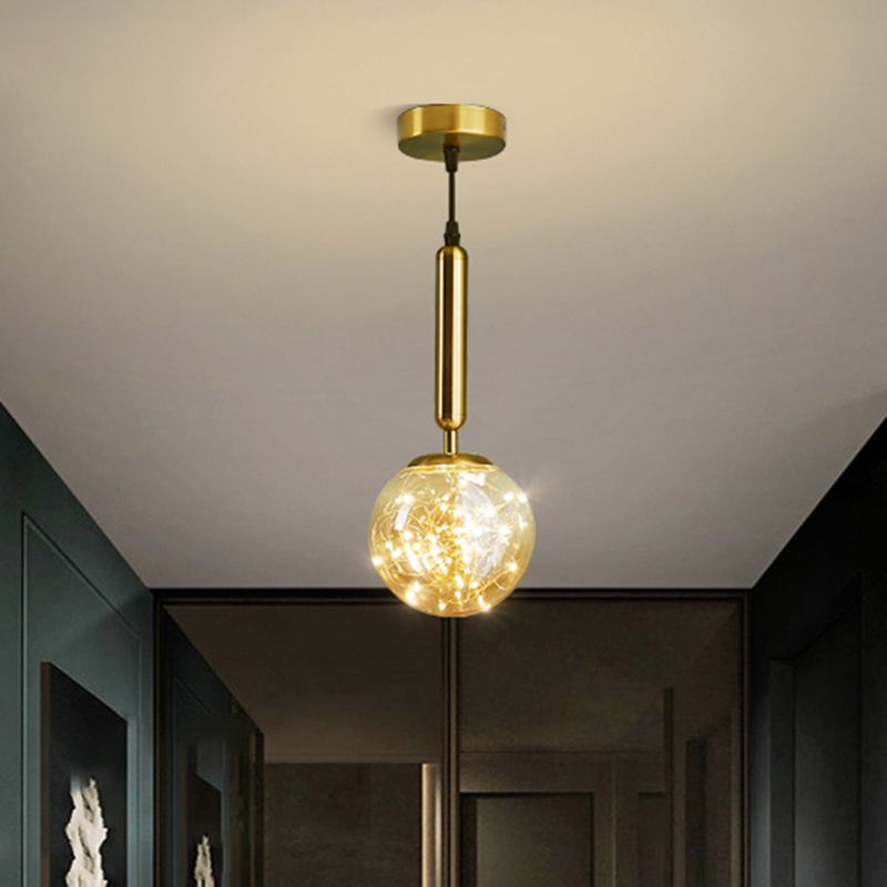 Amber Glass Ball Pendulum Light Nordic 1 Head LED Hanging Pendant with Starry String
