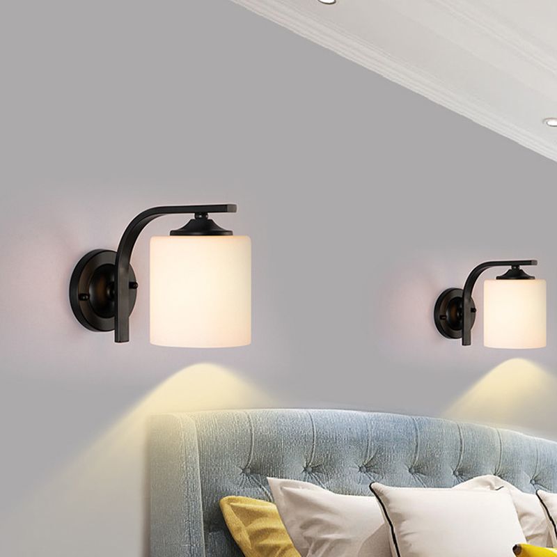 Modern Style Cylinder Shape Wall Light Glass 1 Light Sconces in Black for Bedroom