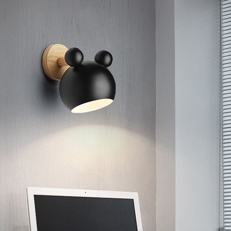 Bear/Bell Rotating Wall Mounted Lamp Macaron Iron 1-Head Bedside Reading Wall Light in White/Pink/Green and Wood