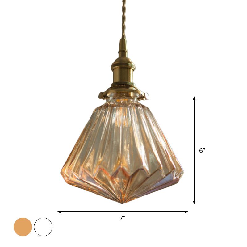 1-Light Ridged Cone Drop Pendant Rustic Brass Brown/Clear Glass Ceiling Hang Lamp with Pointed Bottom