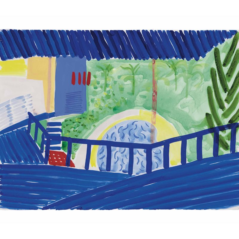 Blue-Green Artistic Mural Decal Full Size Stairs by the Pool Side Painting Wall Covering for Home