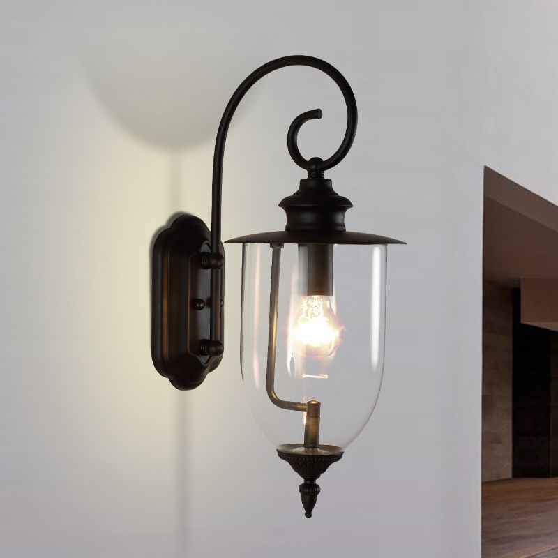 1 Light Urn Shade Sconce Light Industrial Black Clear Glass Wall Lamp for Bathroom