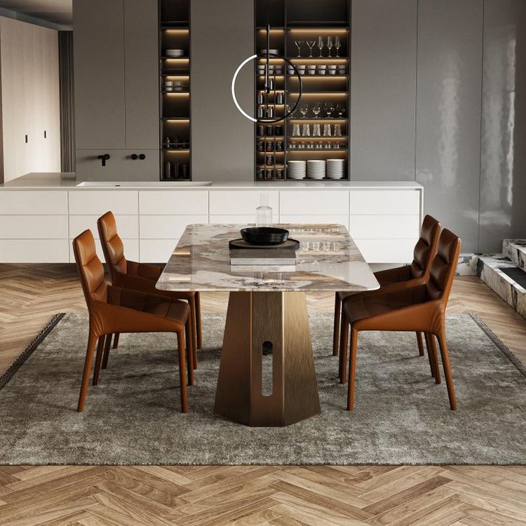 Rectangle Traditional Luxury Table Sintered Stone Table with Gold Double Pedestal
