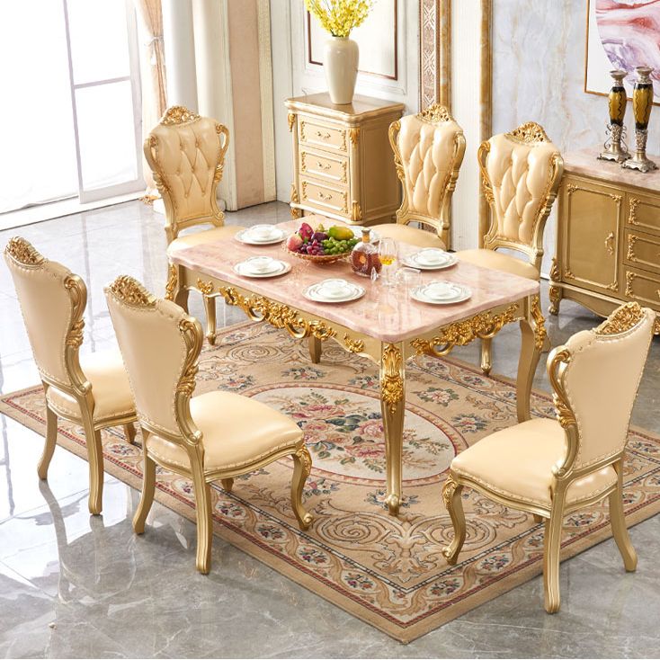 Rectangle 4 Legs Victorian Table Fixed Table with Marble Top